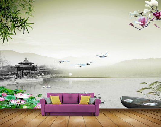 Avikalp MWZ0513 Pink White Flowers Fishes House Trees HD Wallpaper
