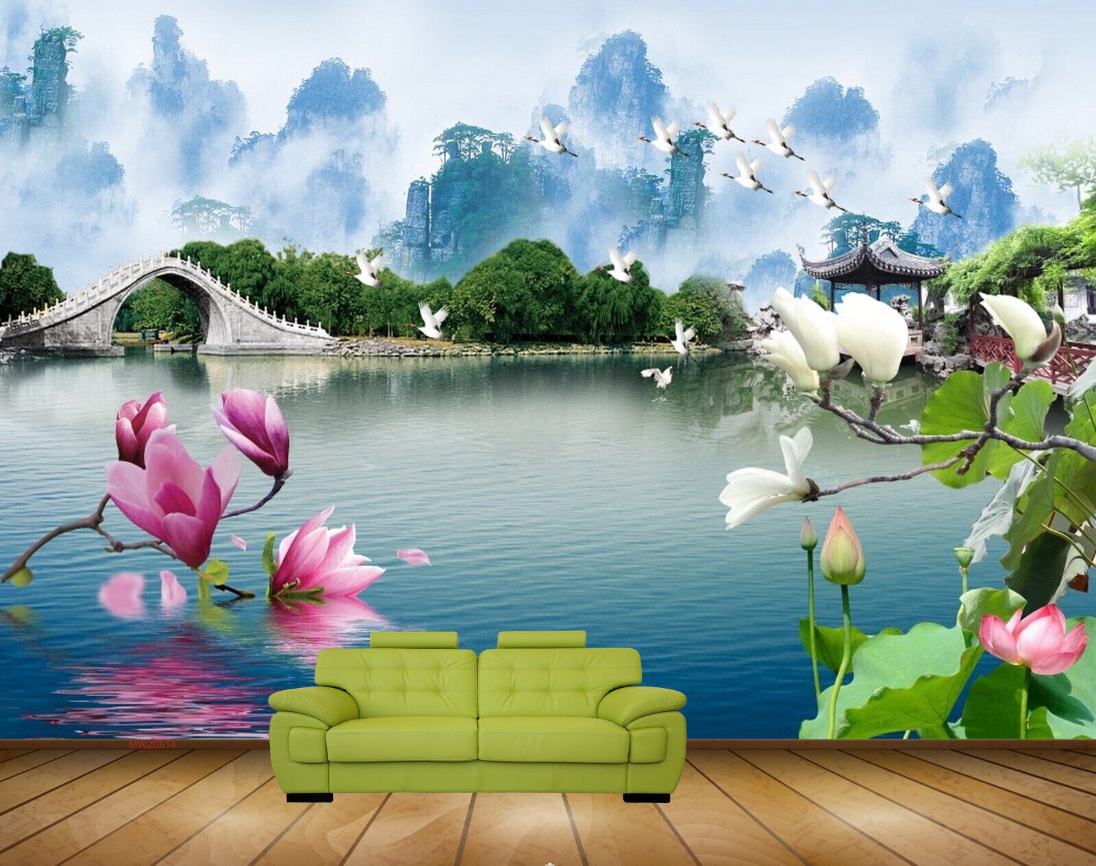 Avikalp MWZ0514 Pink White Flowers Trees River Culvert HD Wallpaper