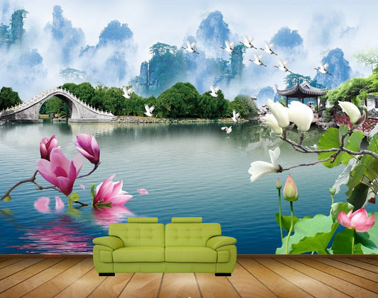 Avikalp MWZ0514 Pink White Flowers Trees River Culvert HD Wallpaper