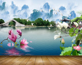 Avikalp MWZ0514 Pink White Flowers Trees River Culvert 3D HD Wallpaper