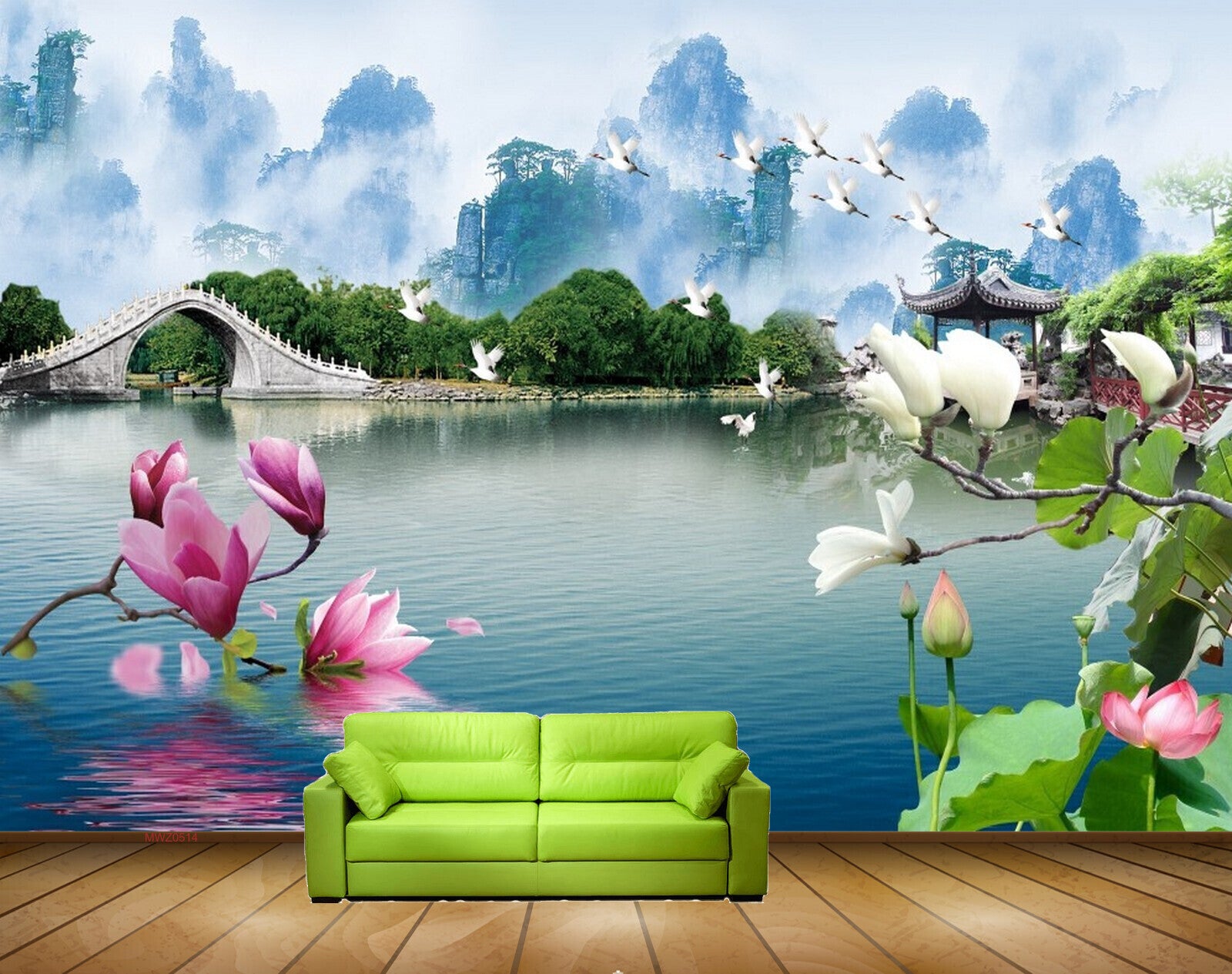 Avikalp MWZ0514 Pink White Flowers Trees River Culvert 3D HD Wallpaper