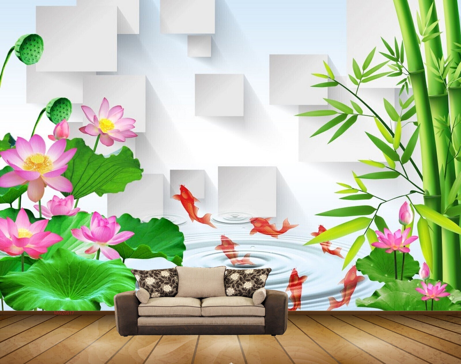 Avikalp MWZ0517 Pink Lotus Flowers Fishes Plants 3D HD Wallpaper