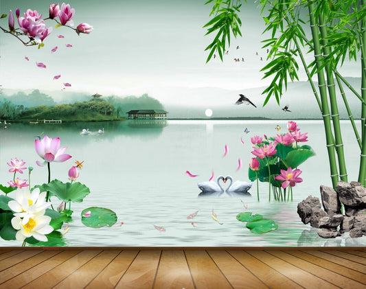 Avikalp MWZ0522 Pink White Flowers Ducks Birds Trees Stones 3D HD Wallpaper