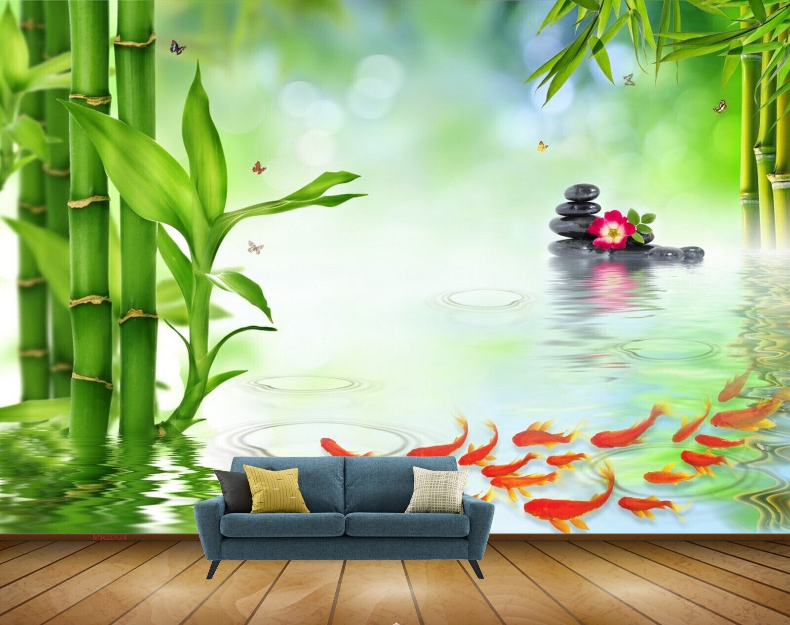 Avikalp MWZ0524 Orange Fishes Flowers Stones Butterflies Plants HD Wallpaper