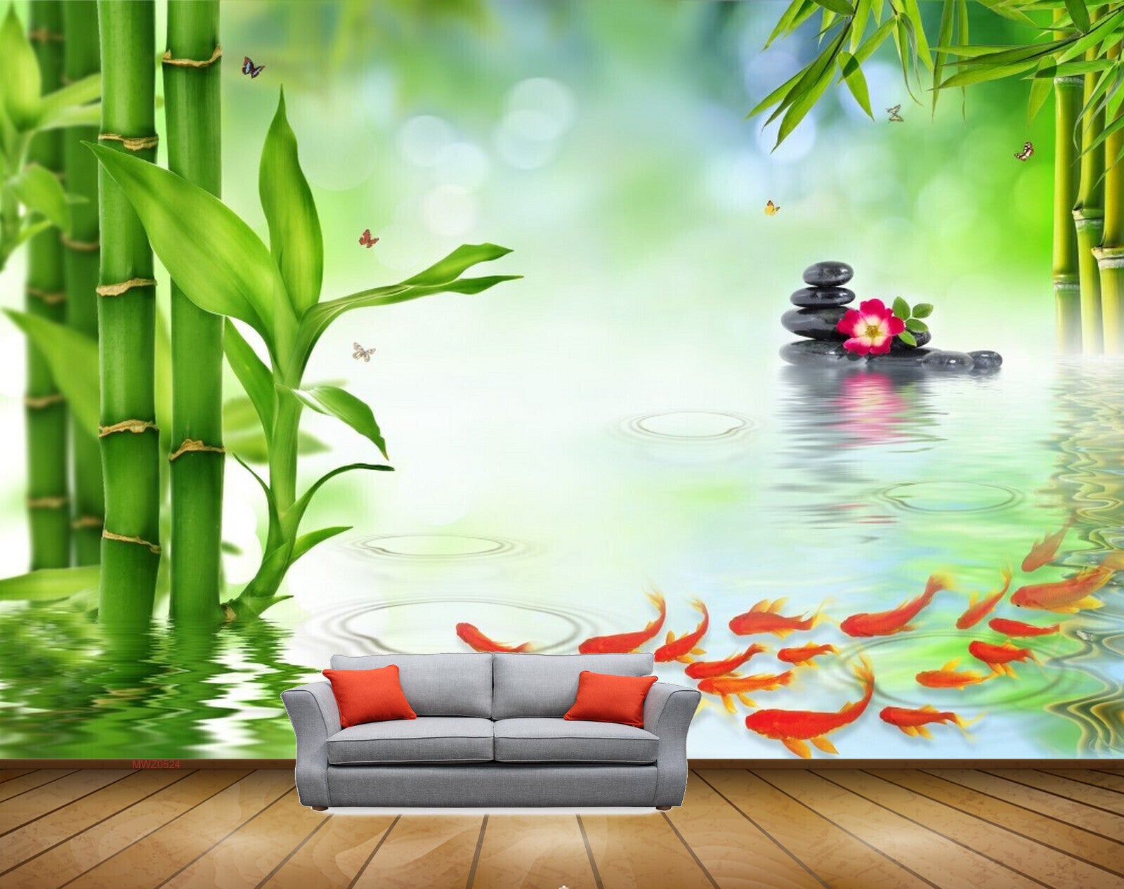 Avikalp MWZ0524 Orange Fishes Flowers Stones Butterflies Plants 3D HD Wallpaper