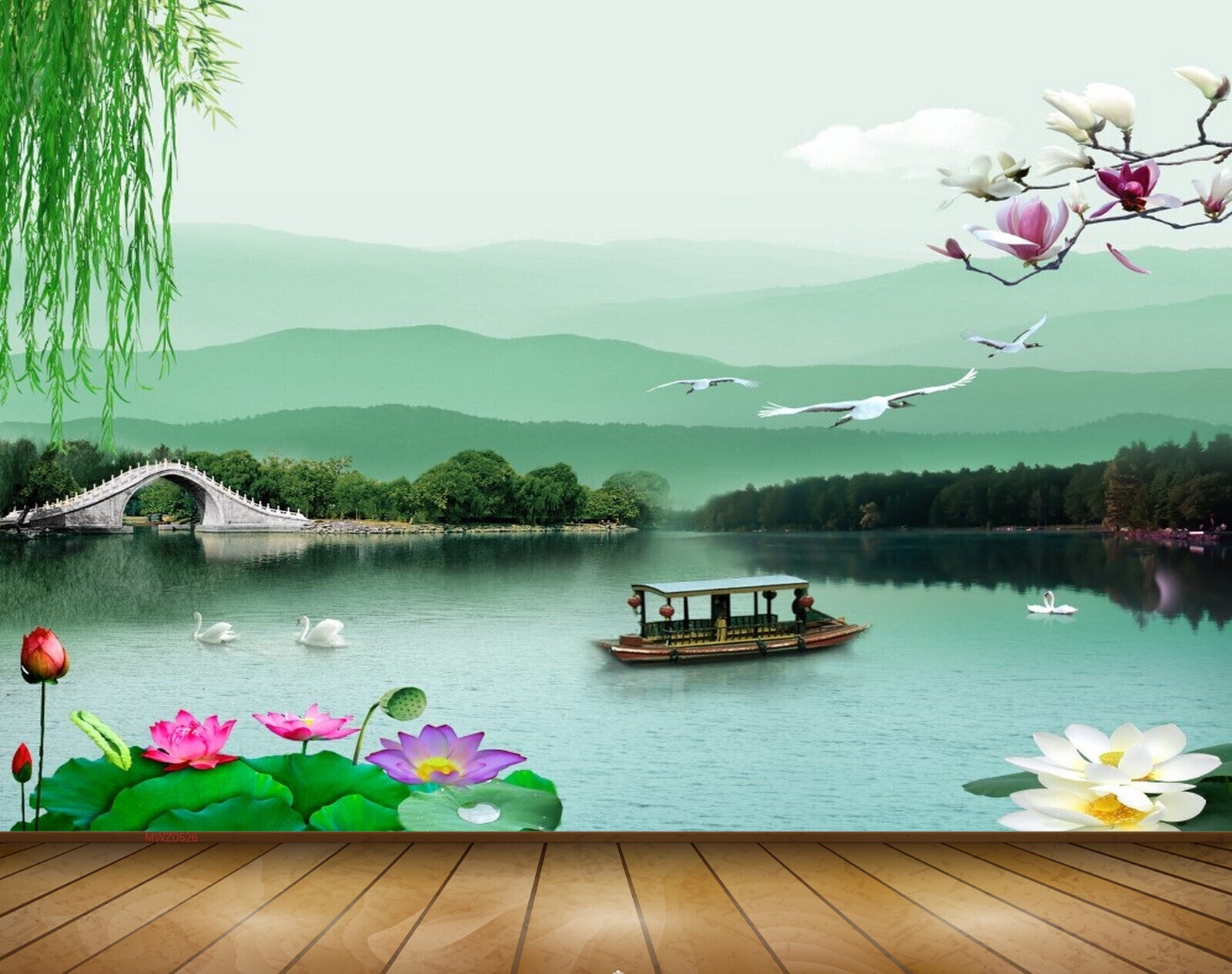 Avikalp MWZ0526 White Pink Flowers Boat Ducks Plants Birds 3D HD Wallpaper