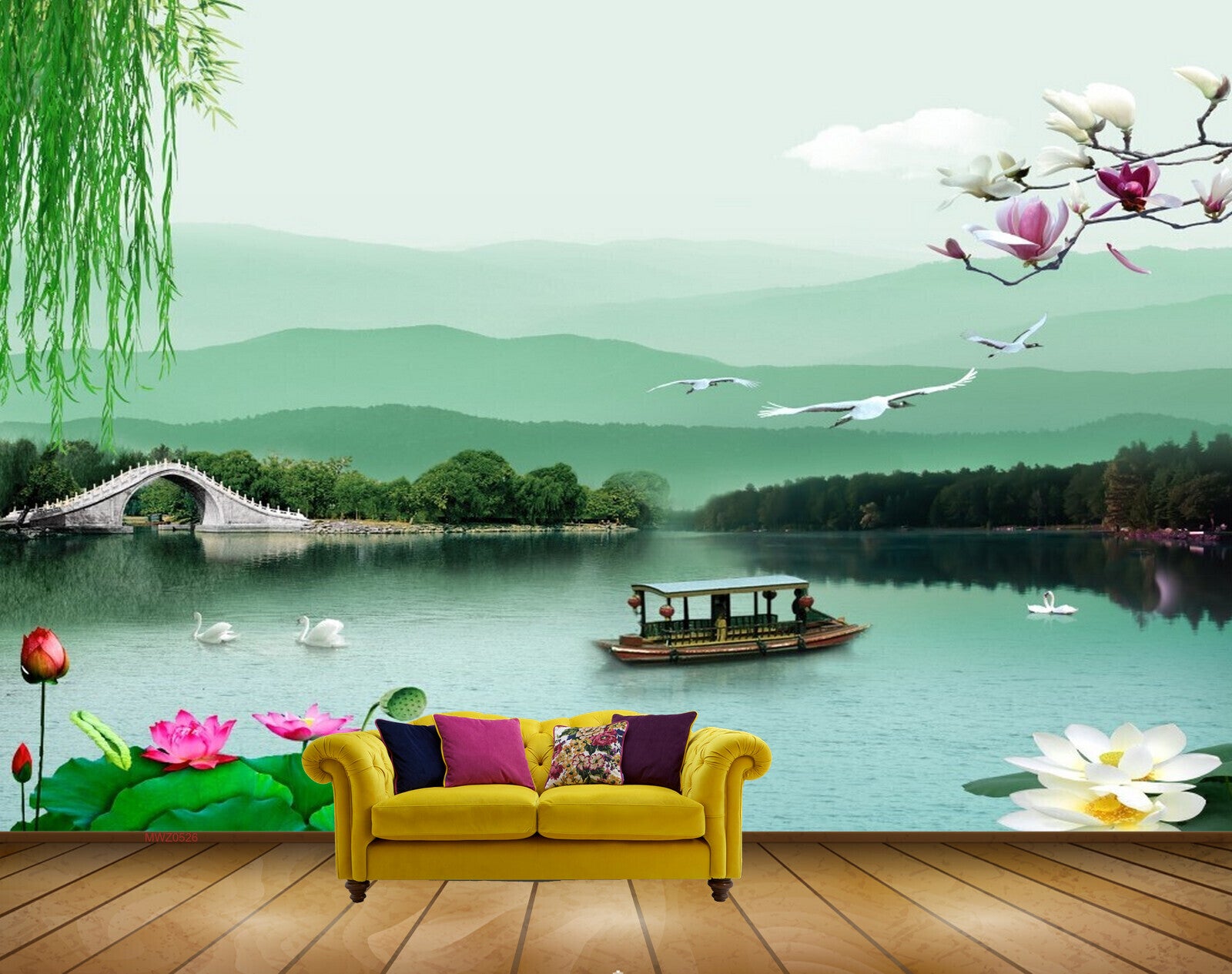 Avikalp MWZ0526 White Pink Flowers Boat Ducks Plants Birds 3D HD Wallpaper