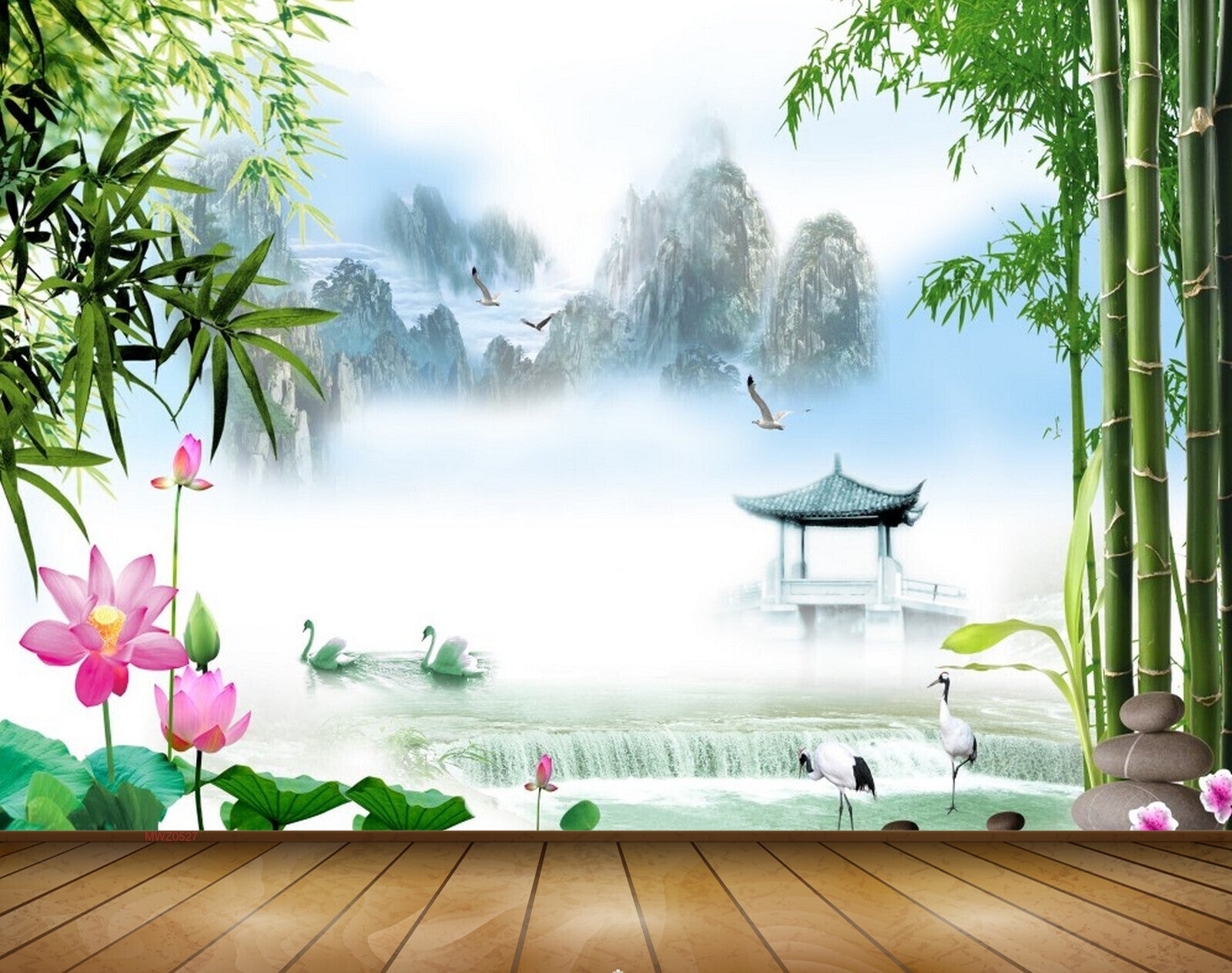 Avikalp MWZ0527 Pink Lotus Flowers Ducks Trees Birds 3D HD Wallpaper