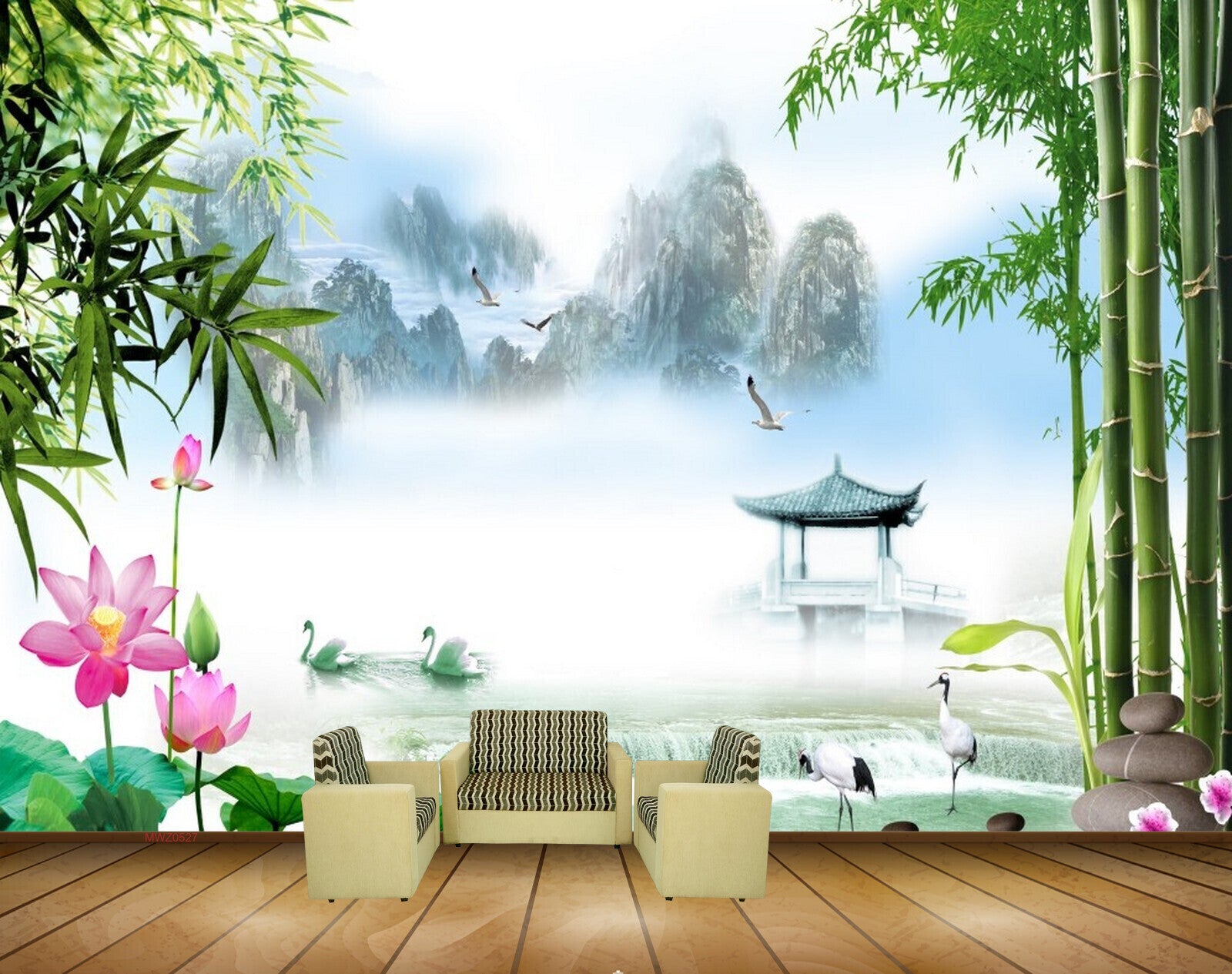 Avikalp MWZ0527 Pink Lotus Flowers Ducks Trees Birds 3D HD Wallpaper
