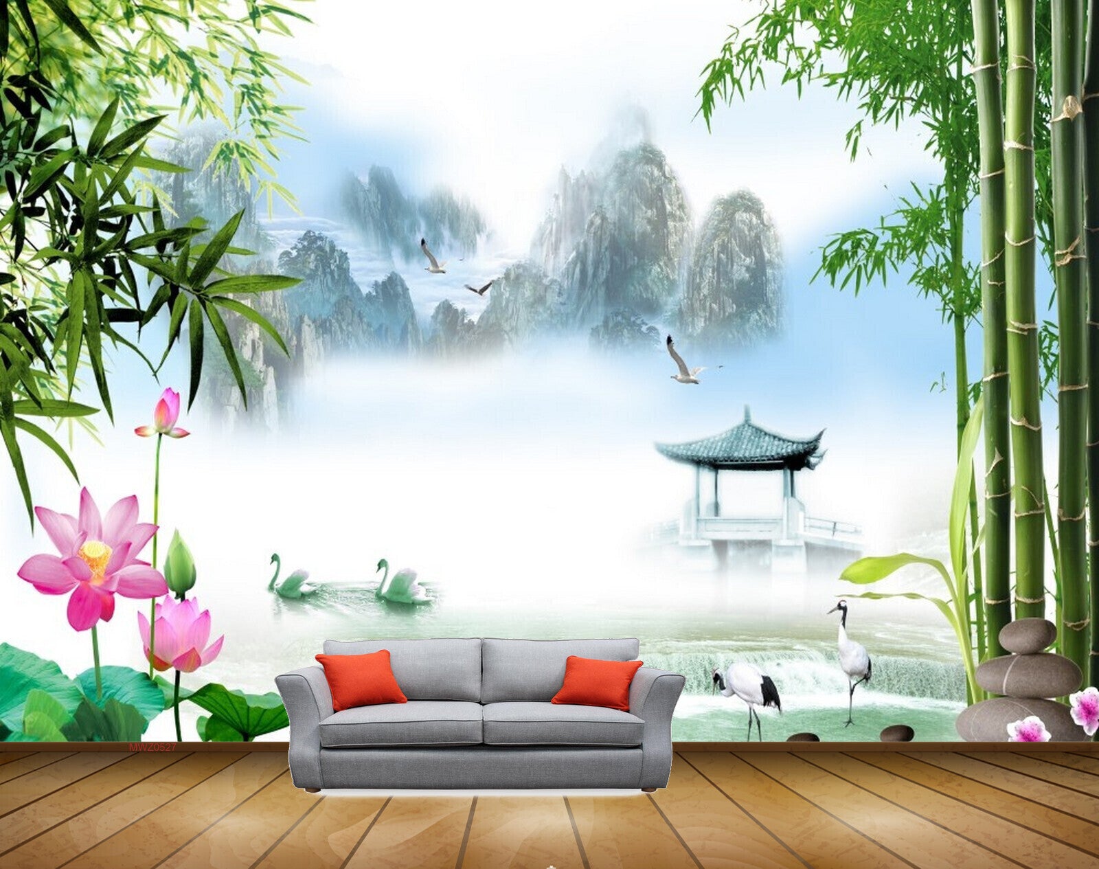 Avikalp MWZ0527 Pink Lotus Flowers Ducks Trees Birds 3D HD Wallpaper