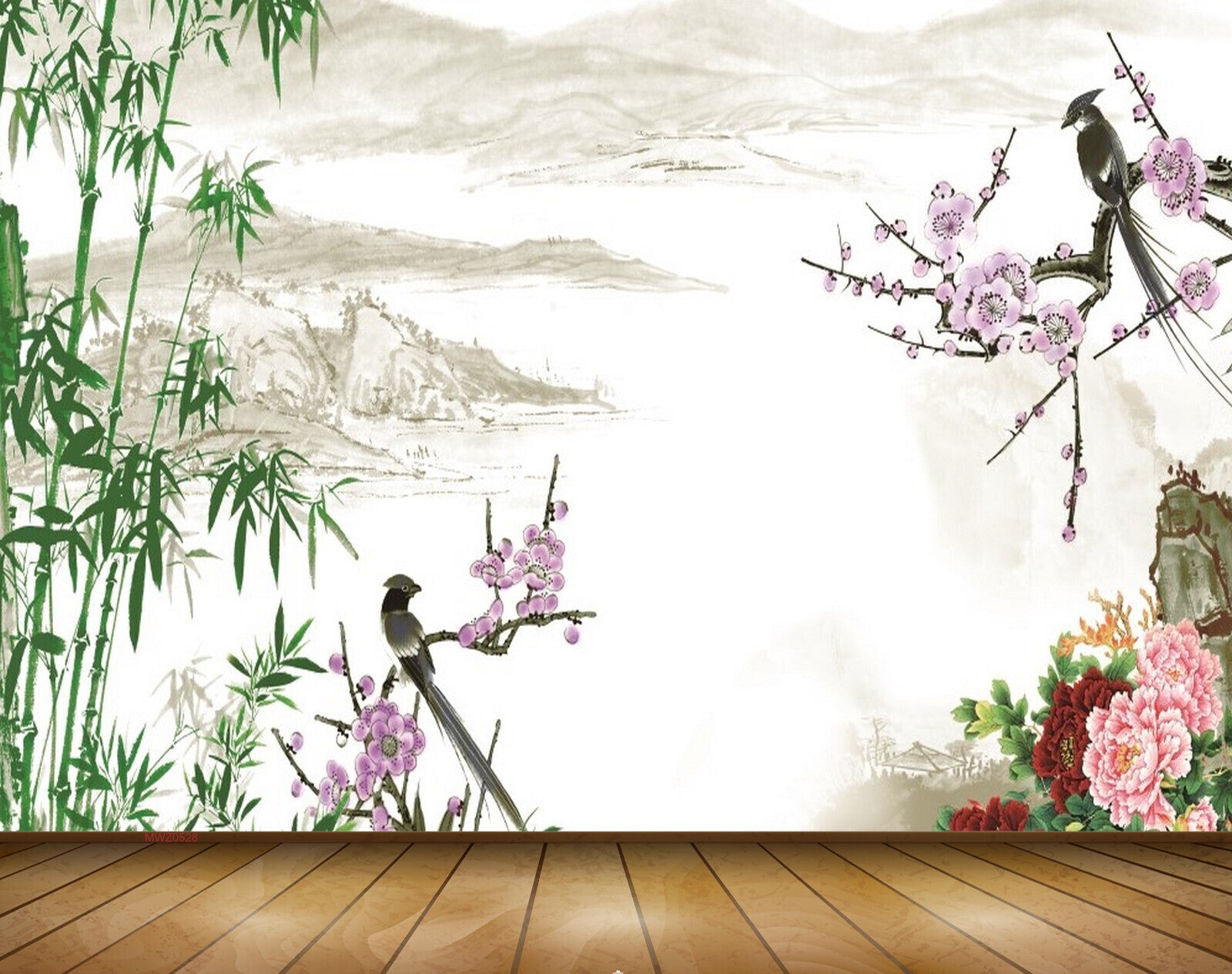 Avikalp MWZ0528 Purple Flowers Birds Trees Mountains 3D HD Wallpaper