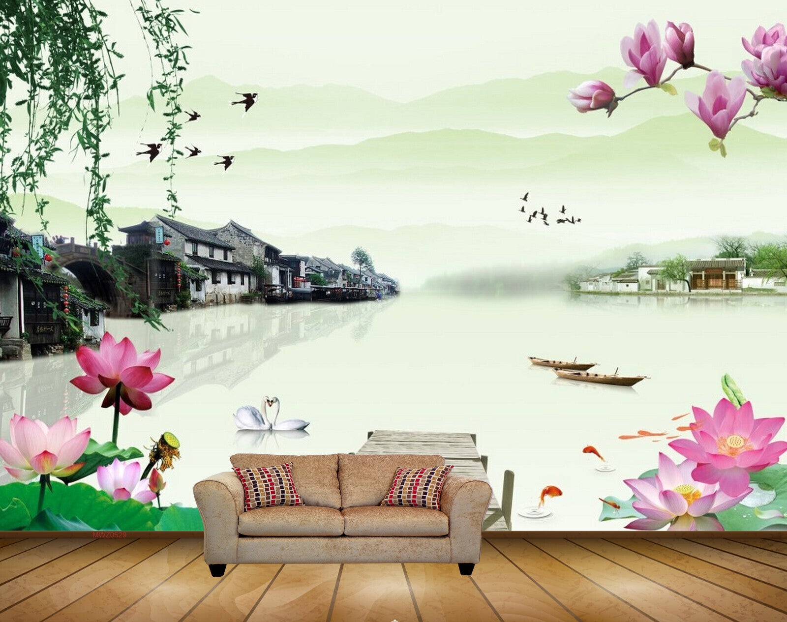 Avikalp MWZ0529 Pink Lotus Flowers Ducks Houses Fishes HD Wallpaper