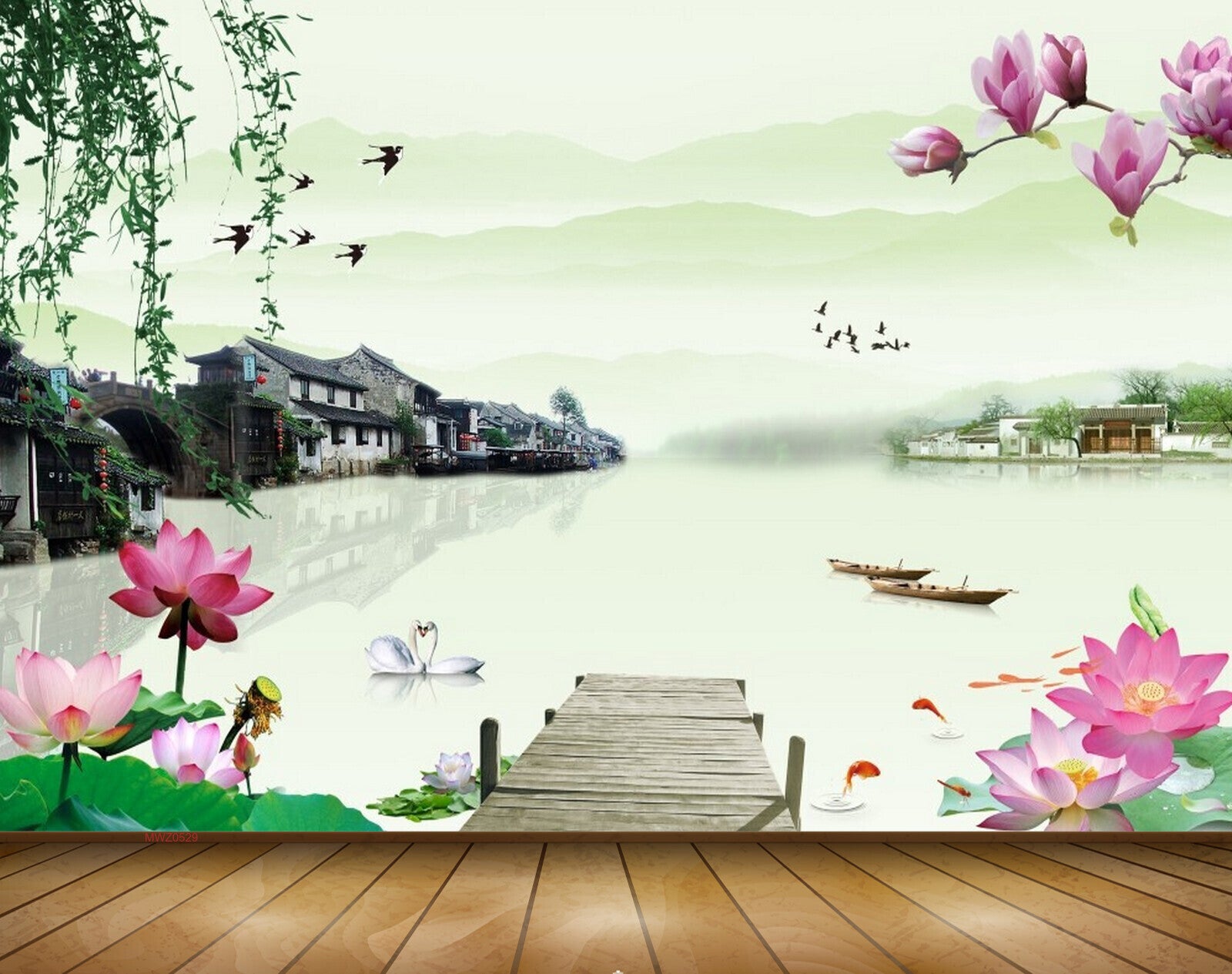 Avikalp MWZ0529 Pink Lotus Flowers Ducks Houses Fishes 3D HD Wallpaper