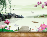 Avikalp MWZ0529 Pink Lotus Flowers Ducks Houses Fishes 3D HD Wallpaper