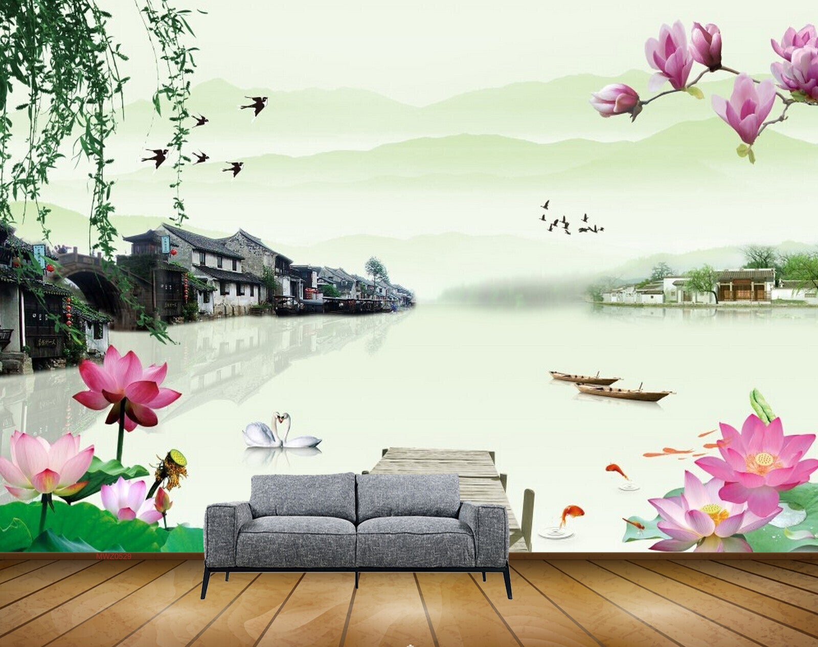 Avikalp MWZ0529 Pink Lotus Flowers Ducks Houses Fishes 3D HD Wallpaper