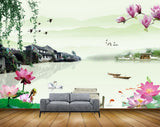 Avikalp MWZ0529 Pink Lotus Flowers Ducks Houses Fishes 3D HD Wallpaper