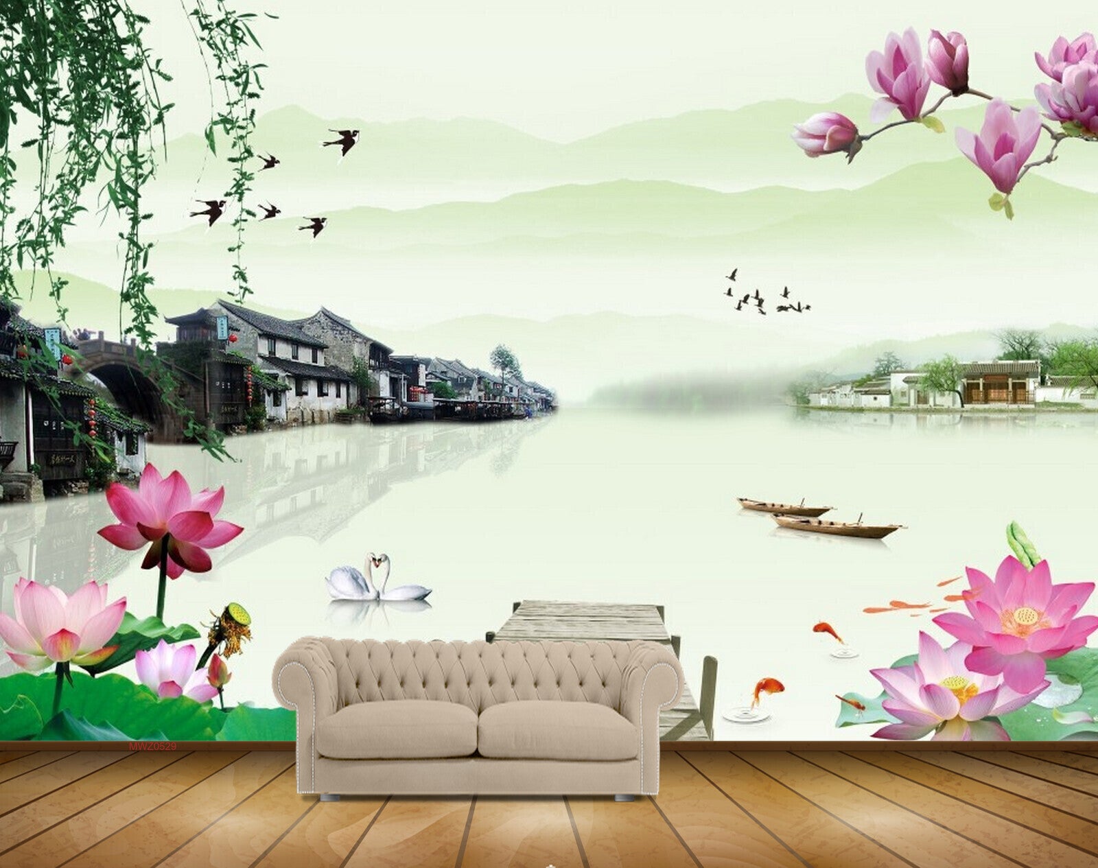 Avikalp MWZ0529 Pink Lotus Flowers Ducks Houses Fishes 3D HD Wallpaper