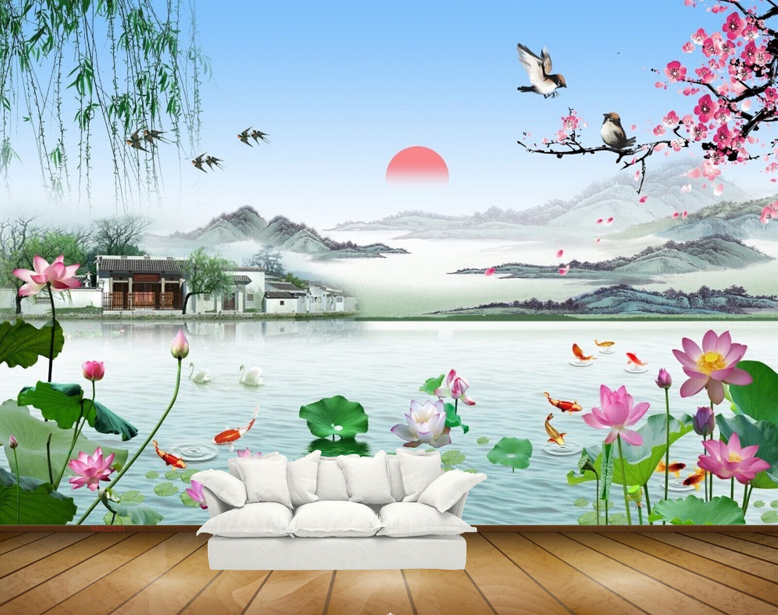 Avikalp MWZ0531 Pink Lotus Flowers Fishes Houses Birds Sun HD Wallpaper