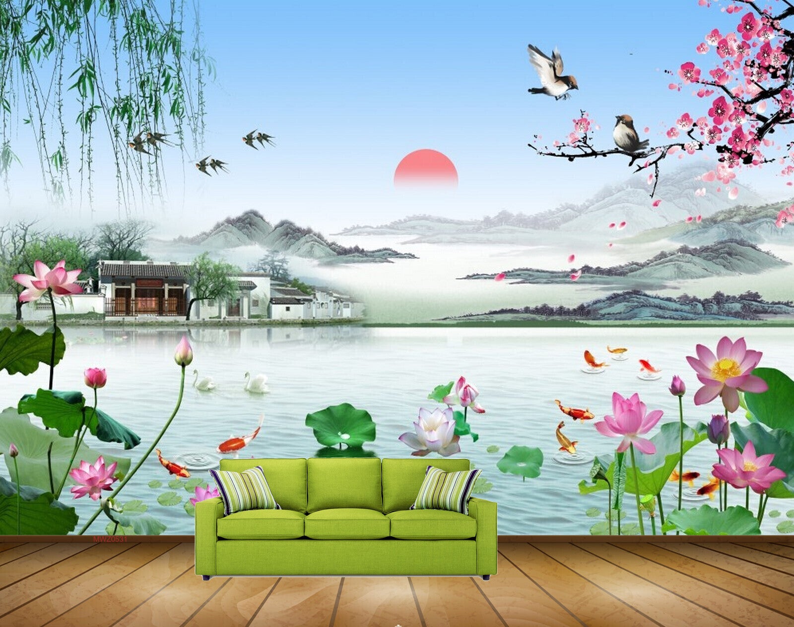 Avikalp MWZ0531 Pink Lotus Flowers Fishes Houses Birds Sun 3D HD Wallpaper