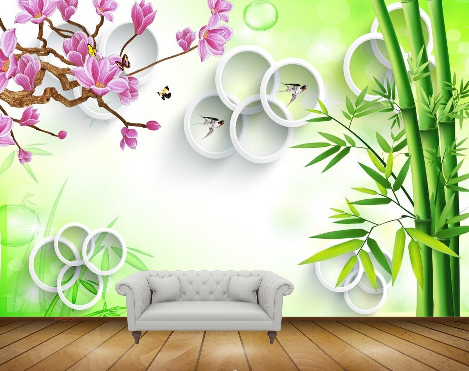 Avikalp MWZ0533 Pink Flowers Fishes Butterflies Trees 3D HD Wallpaper