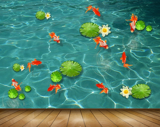 Avikalp MWZ0535 White Lotus Flowers Fishes 3D HD Wallpaper