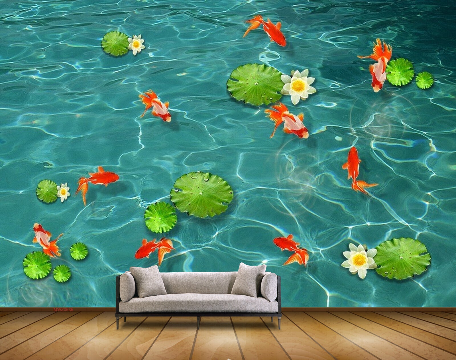 Avikalp MWZ0535 White Lotus Flowers Fishes 3D HD Wallpaper
