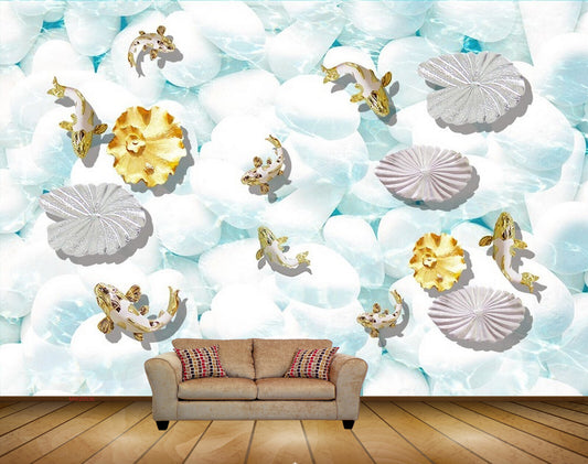 Avikalp MWZ0536 White Golden Flowers Fishes HD Wallpaper