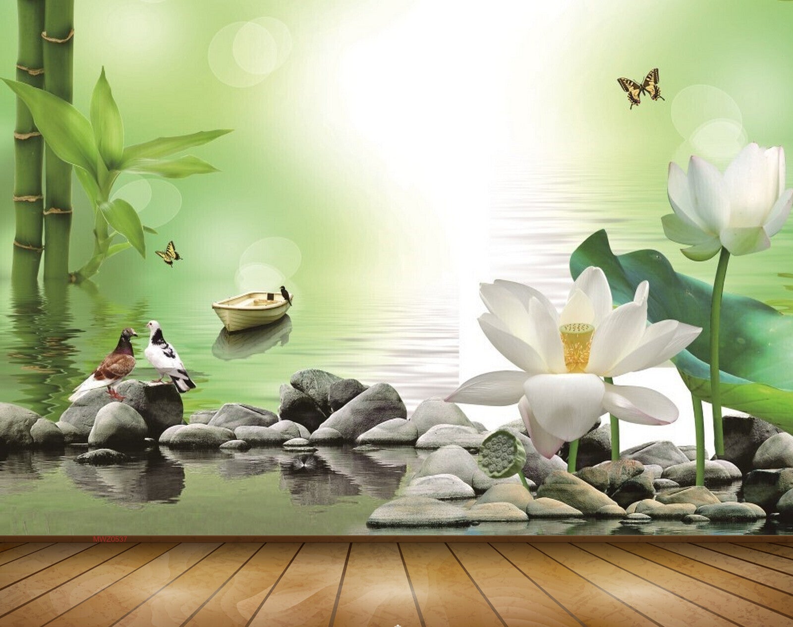 Avikalp MWZ0537 White Lotus Flowers Birds Boat Butterflies Plants 3D HD Wallpaper