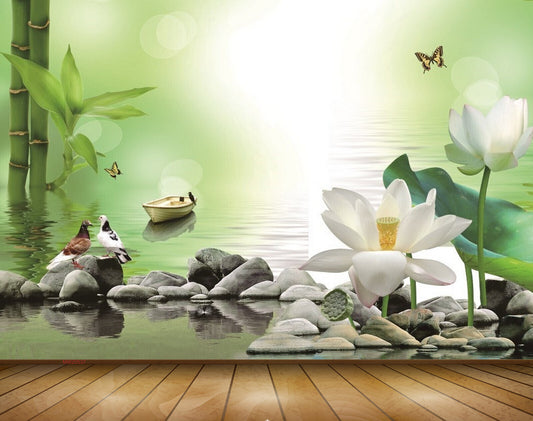 Avikalp MWZ0537 White Lotus Flowers Birds Boat Butterflies Plants 3D HD Wallpaper