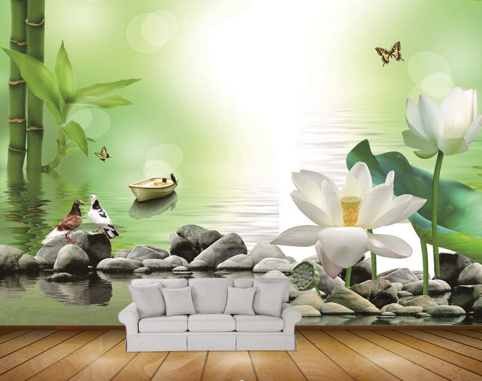 Avikalp MWZ0537 White Lotus Flowers Birds Boat Butterflies Plants 3D HD Wallpaper