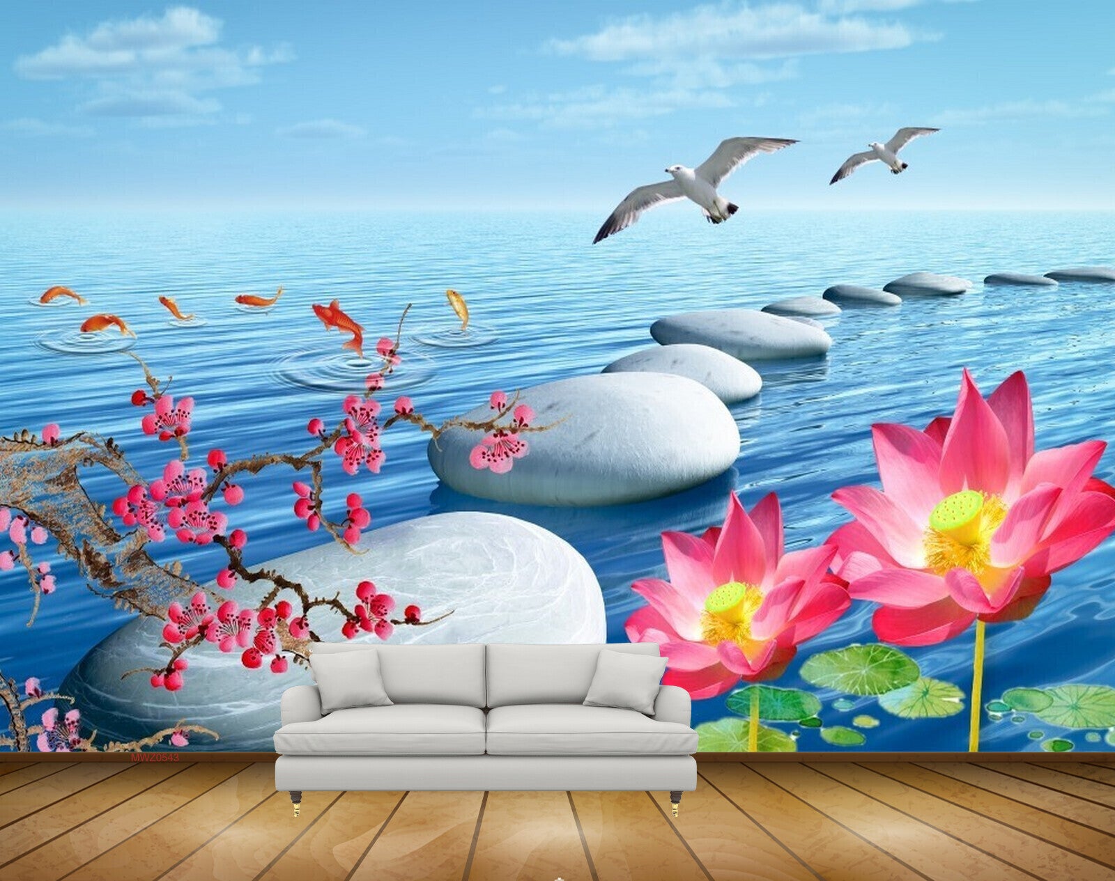 Avikalp MWZ0543 Pink Flowers Stones Fishes Birds 3D HD Wallpaper