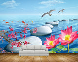 Avikalp MWZ0543 Pink Flowers Stones Fishes Birds 3D HD Wallpaper