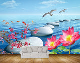 Avikalp MWZ0543 Pink Flowers Stones Fishes Birds 3D HD Wallpaper