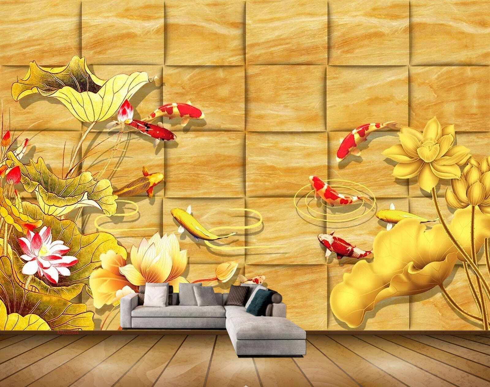 Avikalp MWZ0544 Yellow Pink Flowers Fishes 3D HD Wallpaper