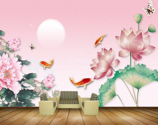 Avikalp MWZ0545 Pink Flowers Fishes Orange Butterflies HD Wallpaper
