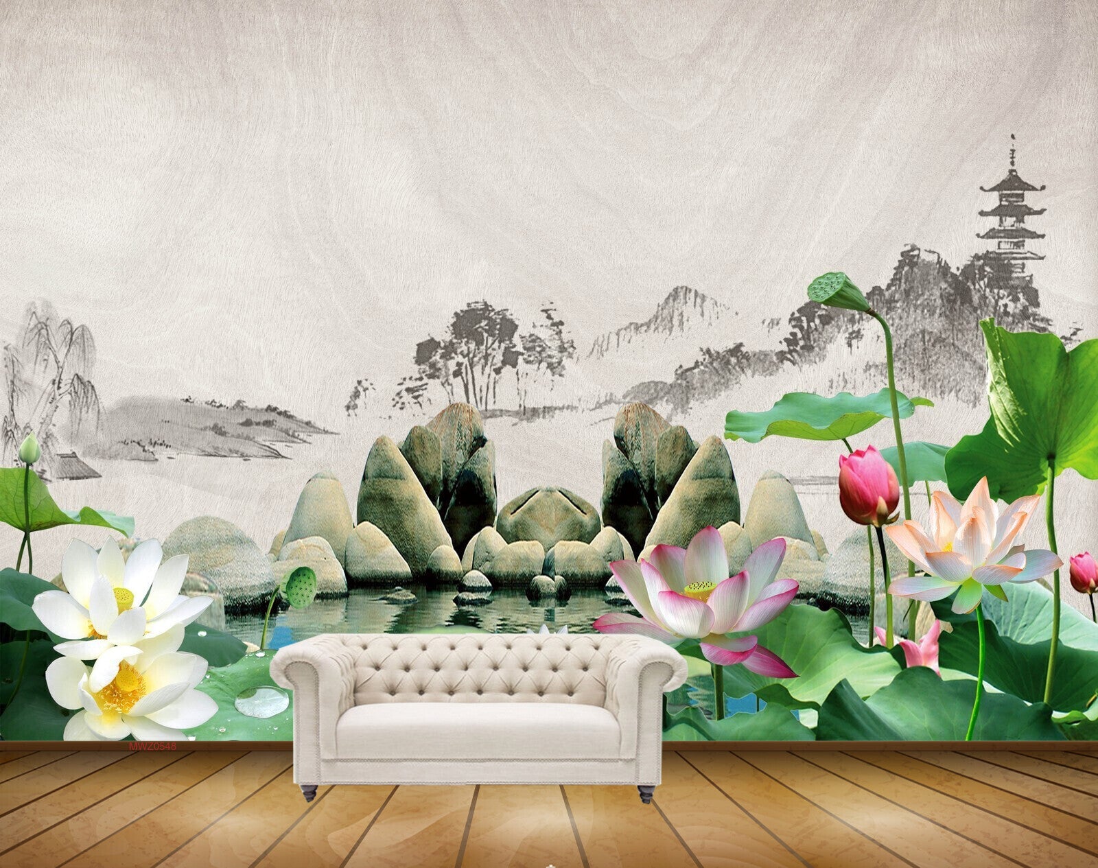 Avikalp MWZ0548 White Pink Flowers Leaves Stones 3D HD Wallpaper