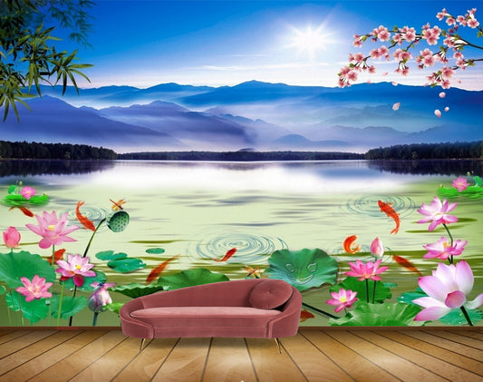Avikalp MWZ0550 Pink Flowers Sun Fishes River HD Wallpaper