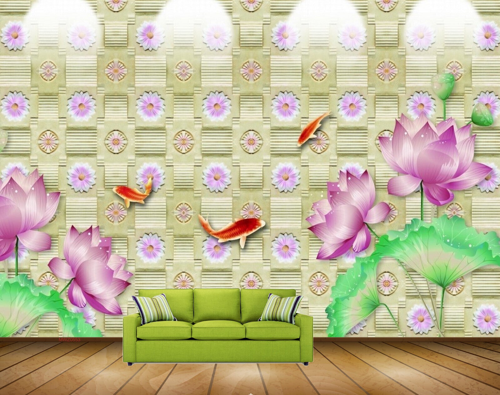 Avikalp MWZ0553 Pink Flowers Fishes Leaves HD Wallpaper