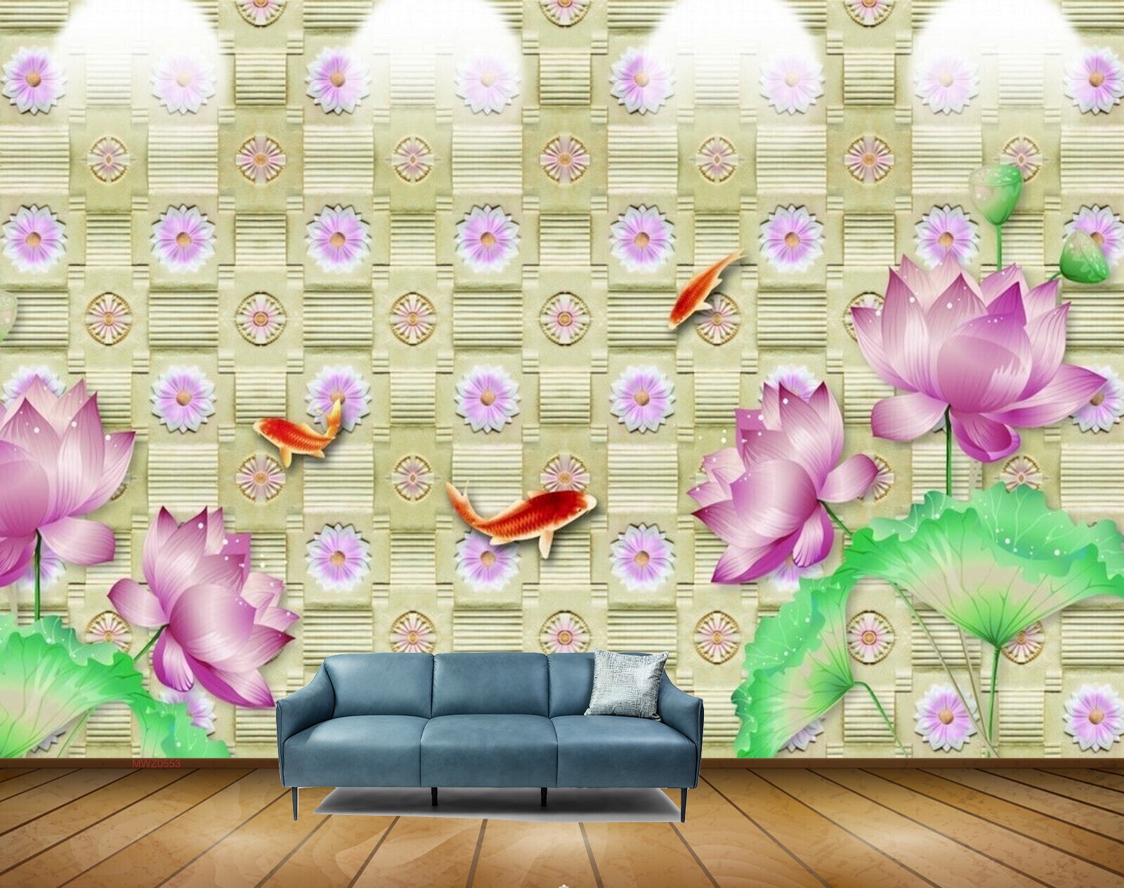 Avikalp MWZ0553 Pink Flowers Fishes Leaves 3D HD Wallpaper