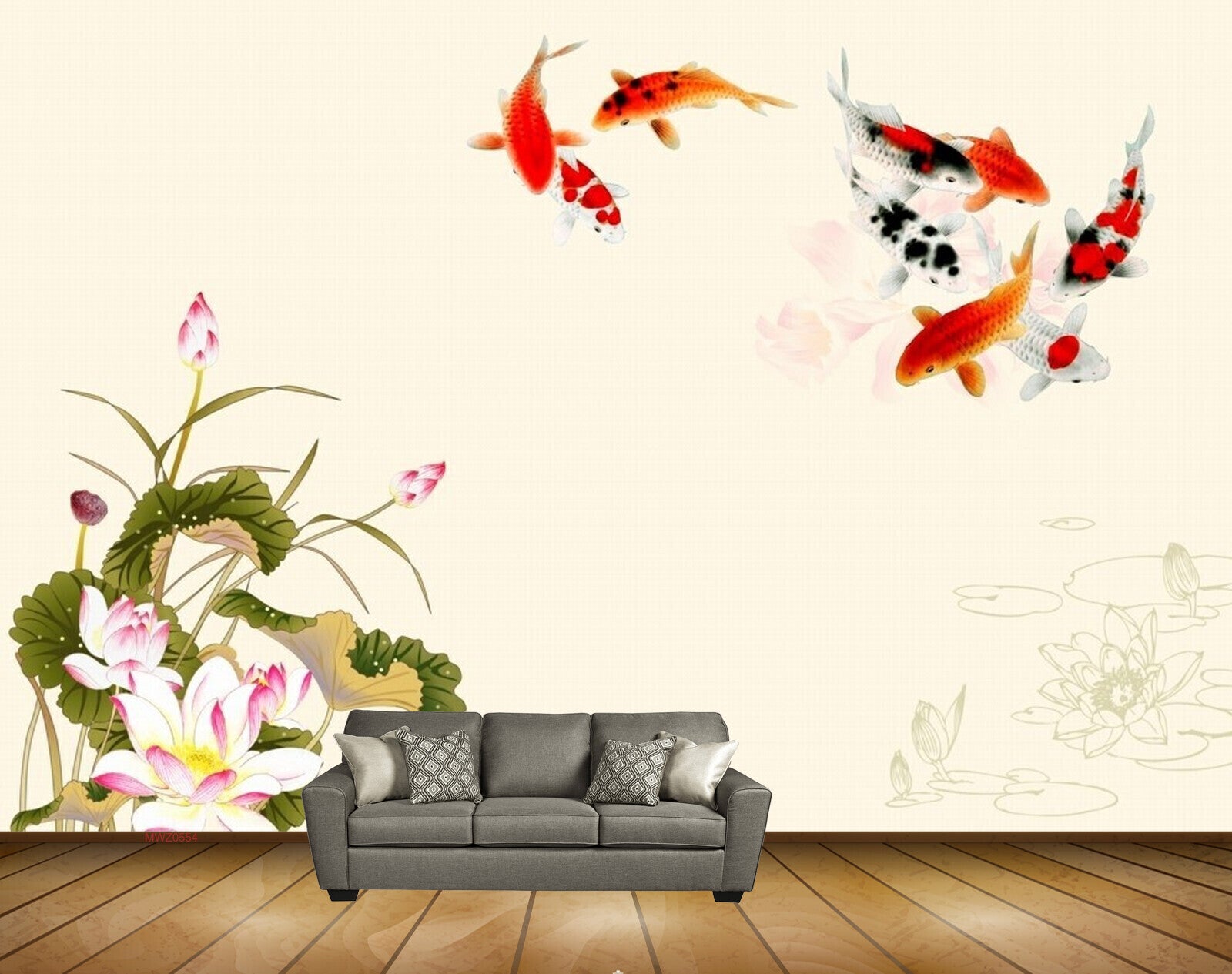 Avikalp MWZ0554 White Pink Flowers Leaves Fishes HD Wallpaper