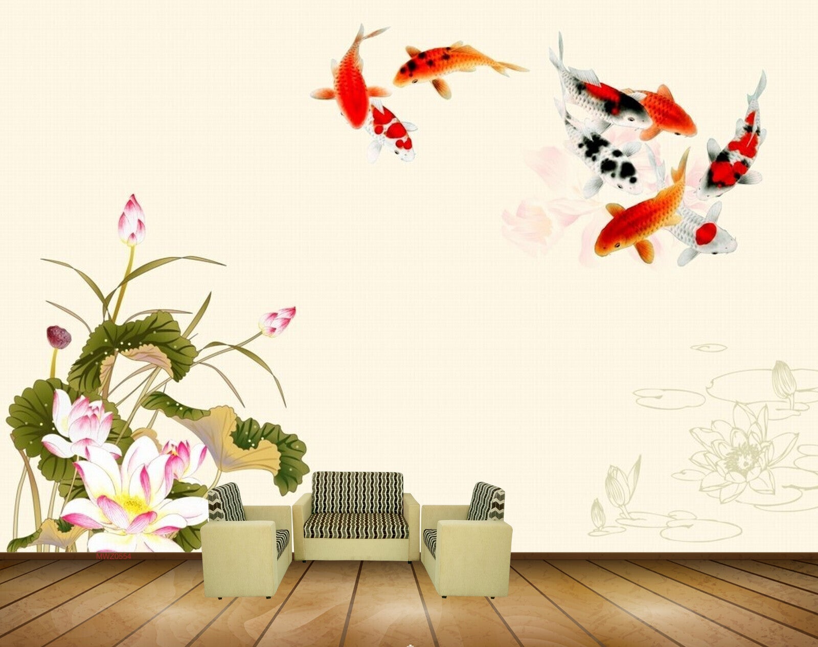 Avikalp MWZ0554 White Pink Flowers Leaves Fishes 3D HD Wallpaper