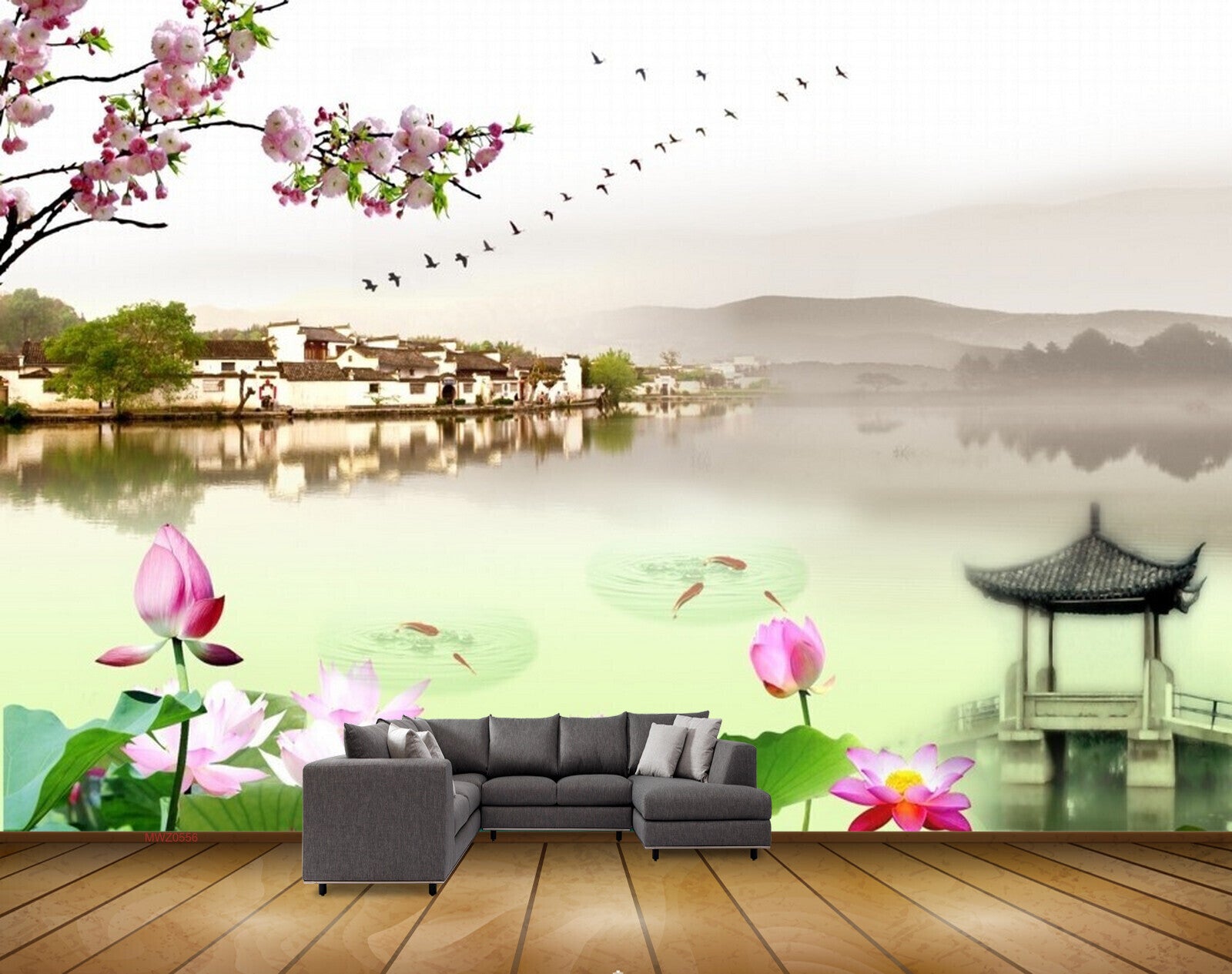 Avikalp MWZ0556 Pink White Flowers Birds Fishes Houses 3D HD Wallpaper