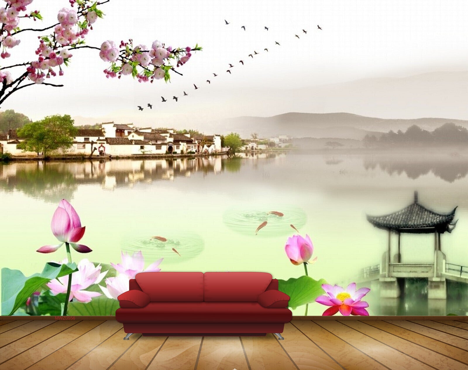 Avikalp MWZ0556 Pink White Flowers Birds Fishes Houses 3D HD Wallpaper