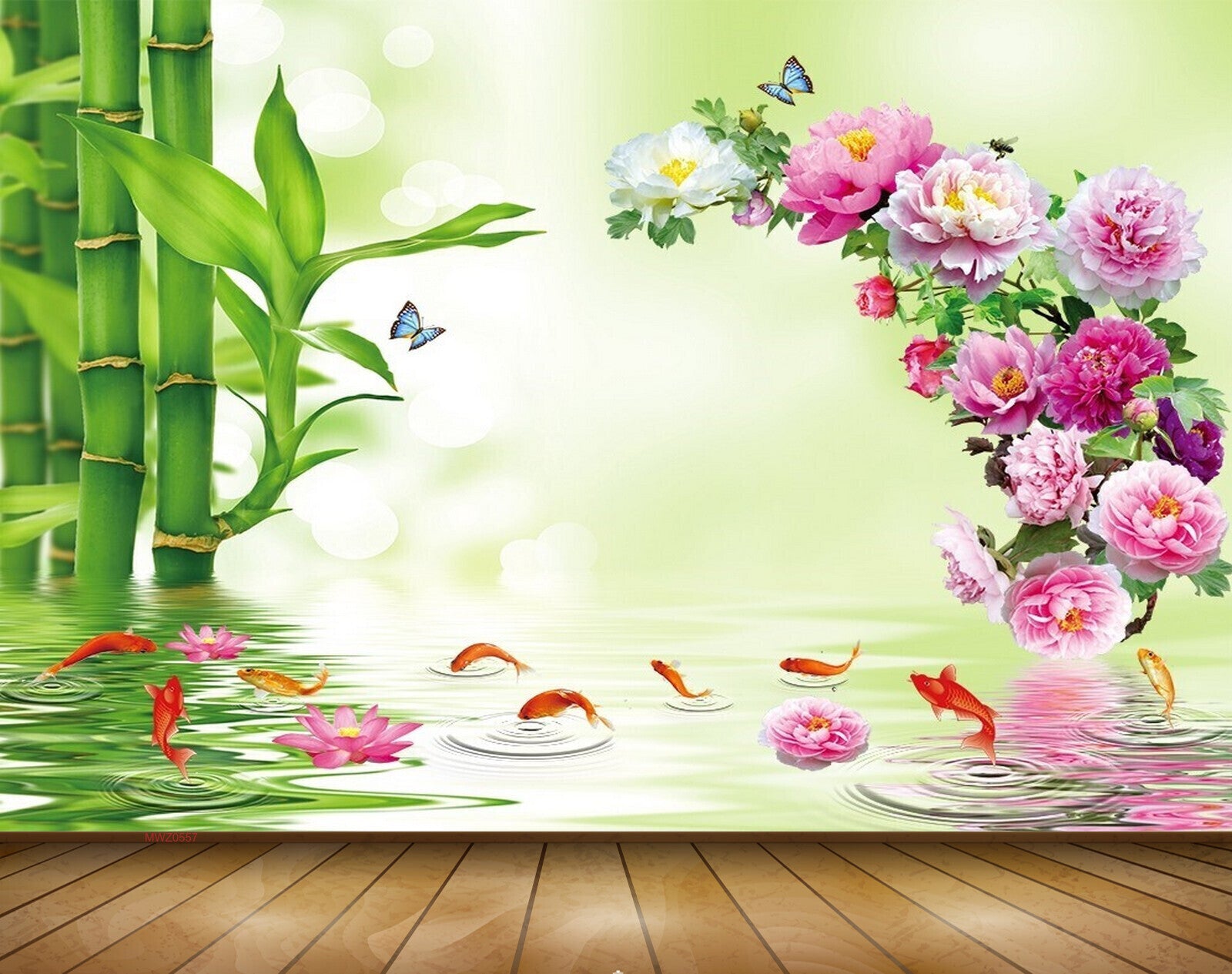 Avikalp MWZ0557 Pink White Flowers Fishes Butterflies 3D HD Wallpaper