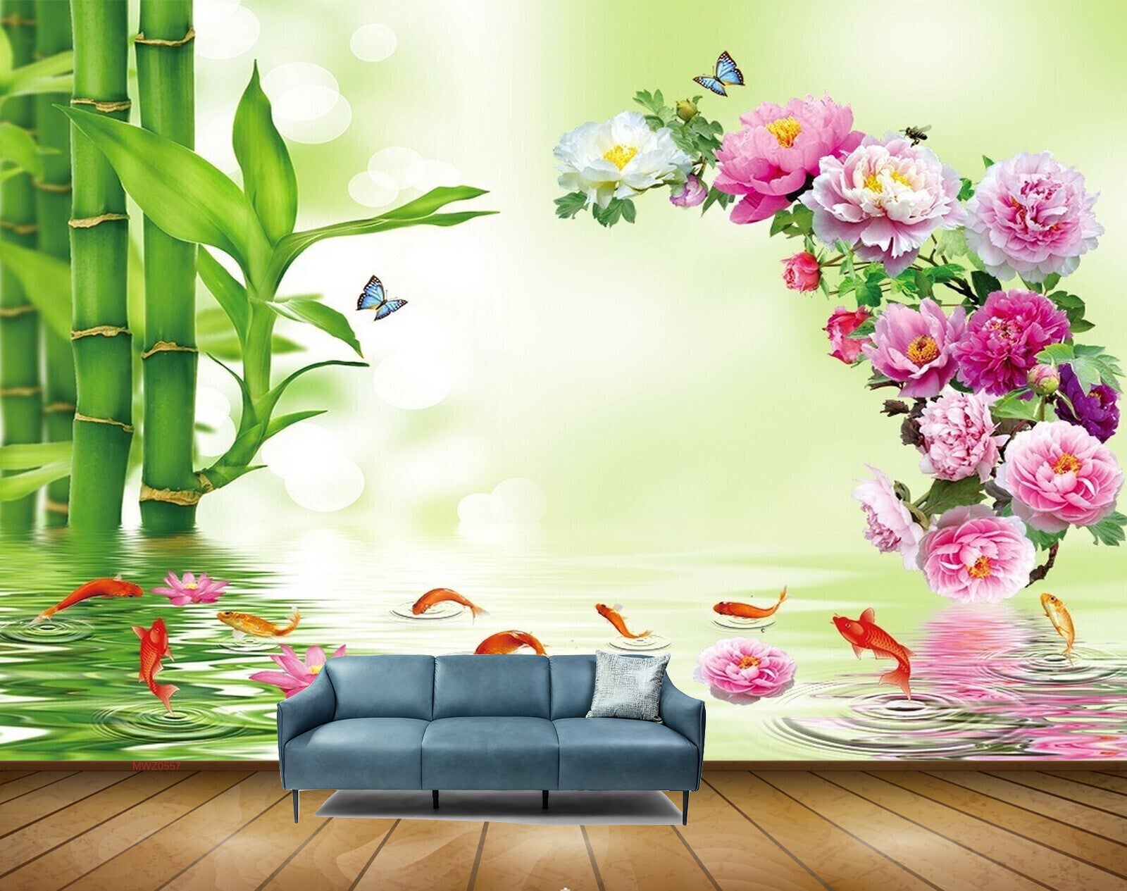 Avikalp MWZ0557 Pink White Flowers Fishes Butterflies 3D HD Wallpaper