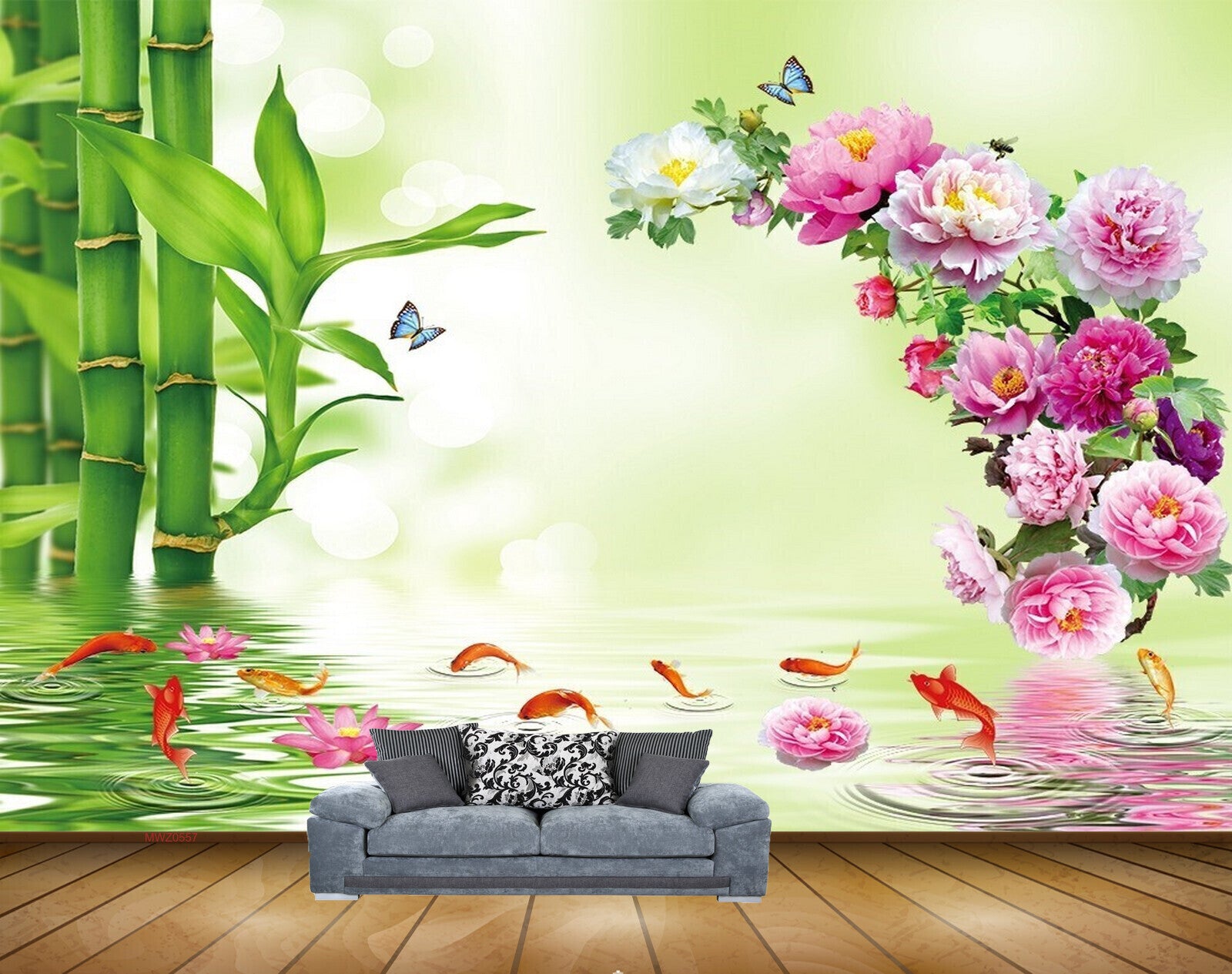 Avikalp MWZ0557 Pink White Flowers Fishes Butterflies 3D HD Wallpaper