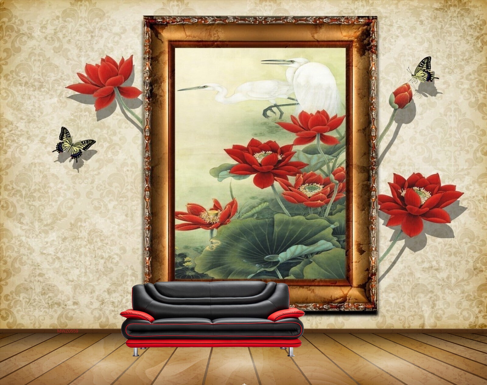Avikalp MWZ0559 Red Flowers Butterflies Swan 3D HD Wallpaper