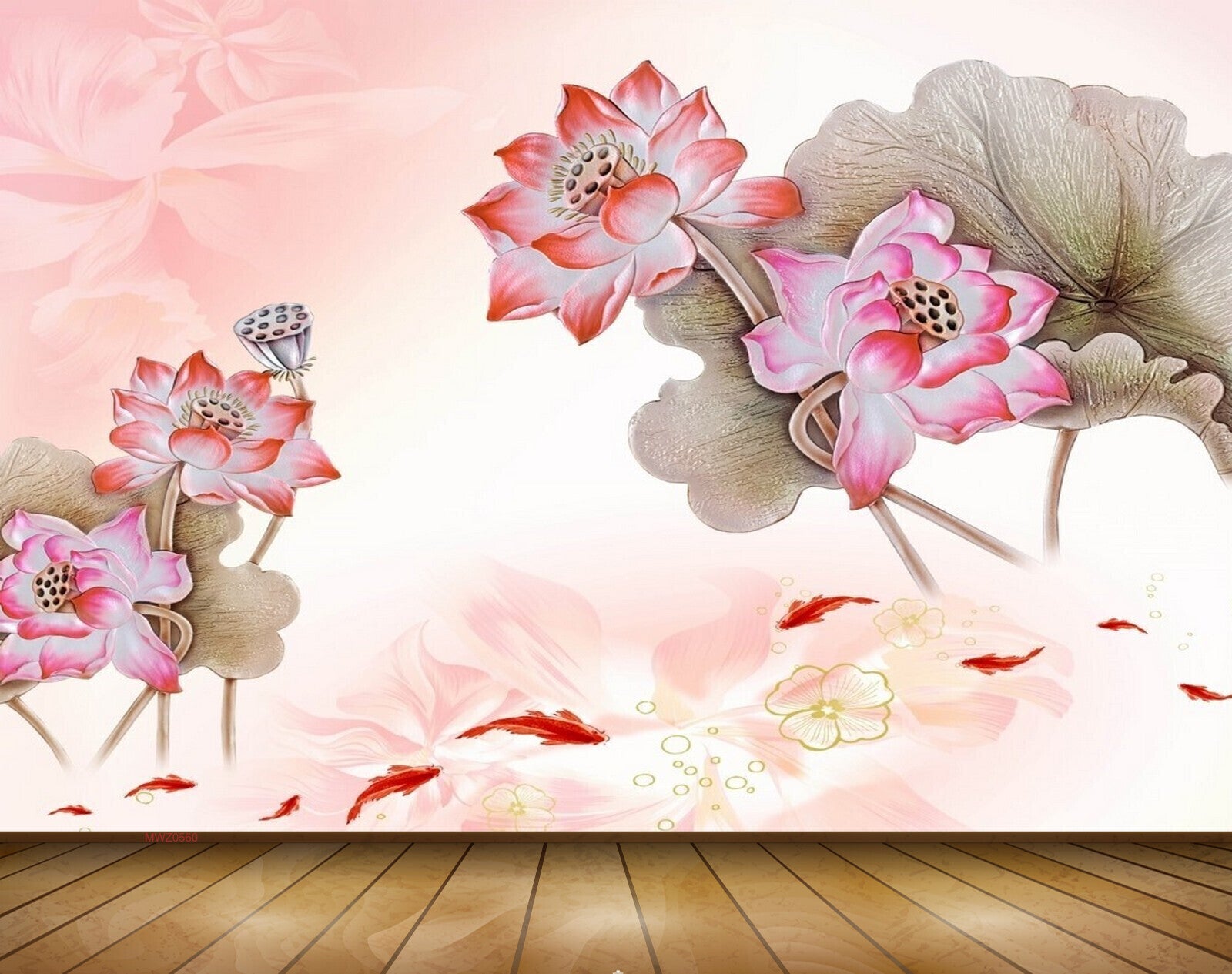 Avikalp MWZ0560 White Pink Flowers Leaves Fishes 3D HD Wallpaper
