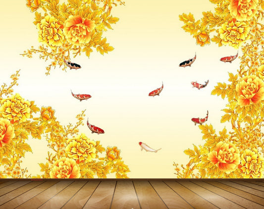 Avikalp MWZ0563 Orange Flowers Fishes 3D HD Wallpaper