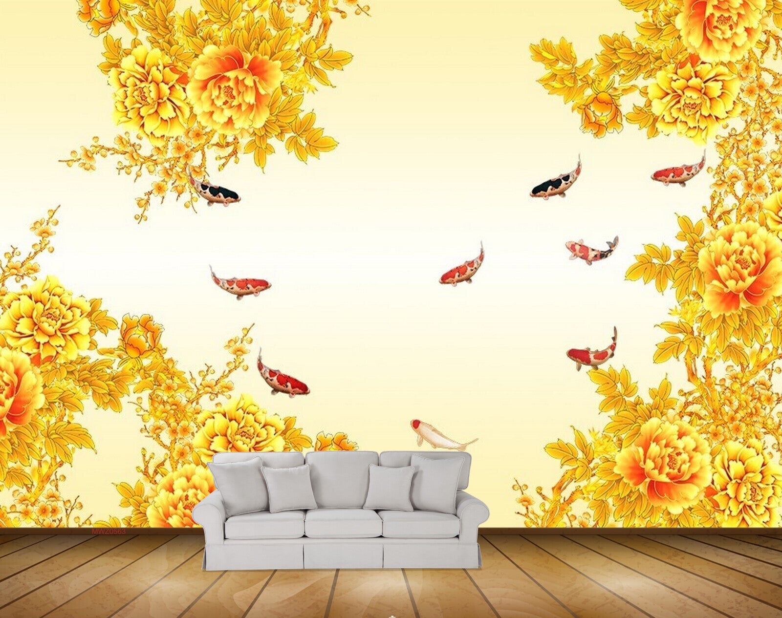 Avikalp MWZ0563 Orange Flowers Fishes 3D HD Wallpaper